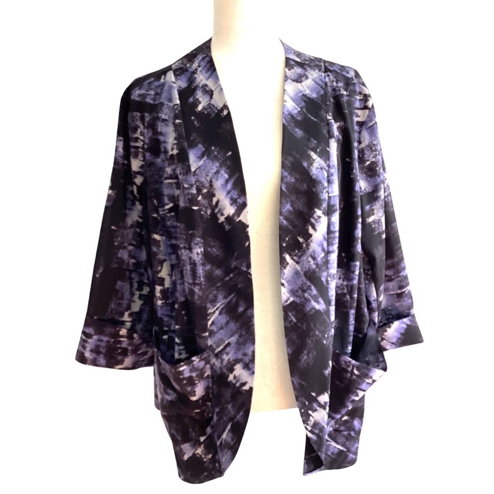 Sejour Womens Open Front Kimono Jacket Size 18W Black & Purple Abstract Print